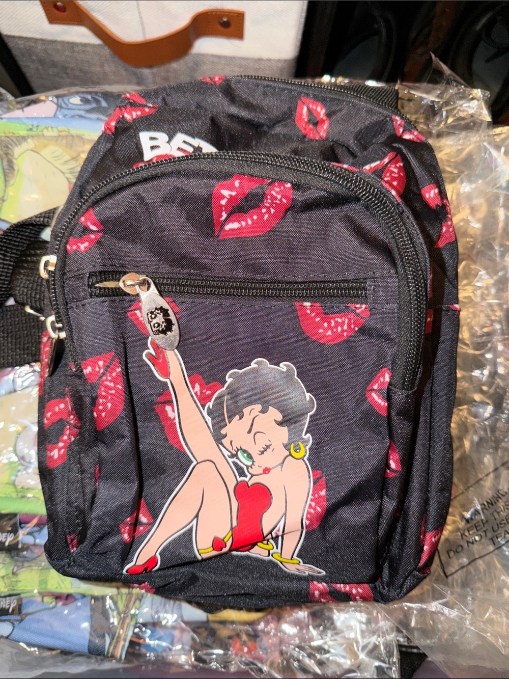 Betty Boop Black Backpack with Red Lip Motif